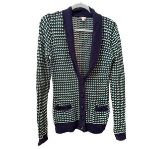 BP (L) woven cotton waffle cardigan sweater button down, navy and green, large